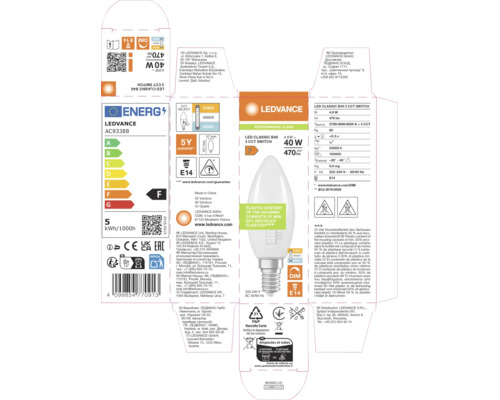 Verpackung eines LEDVANCE LED Leuchtmittels Classic B40 mit 3 CCT Schalter, 4,9 Watt entspricht 40 Watt, 470 Lumen, Sockel E14, dimmbar.
