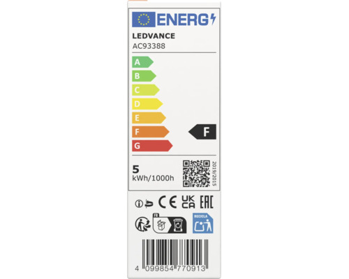 EU-Energielabel für Ledvance AC93388, Energieeffizienzklasse F, Verbrauch 5 Kilowattstunden pro 1000 Stunden.