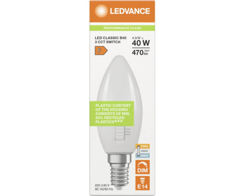 LEDVANCE Logo. LED Classic B40 E14 Kerze, 4,9 Watt ersetzt 40 Watt, 470 Lumen, Schalter für drei Lichtfarben, 50 Prozent Recyclingkunststoff.
