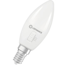 LEDVANCE LED-Kerzenlampe E14 mit Schalter für Farbtemperatur 2700 Kelvin, 4000 Kelvin und 6500 Kelvin.