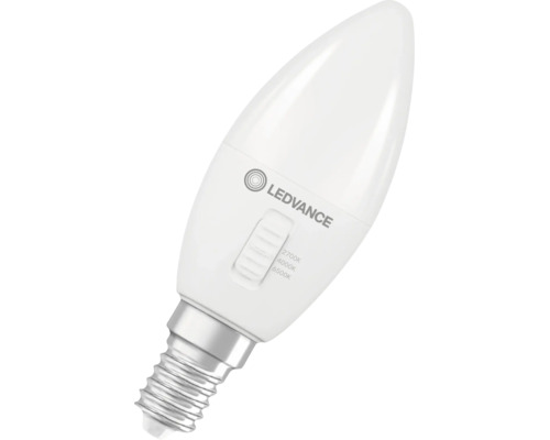 LEDVANCE LED-Kerzenlampe E14 mit Schalter für Farbtemperatur 2700 Kelvin, 4000 Kelvin und 6500 Kelvin.