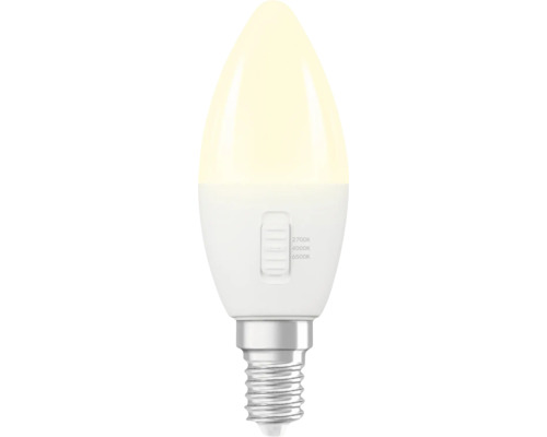 LED-Kerzenlampe E14 mit Schalter zur Einstellung der Farbtemperatur auf 2700 Kelvin, 4000 Kelvin oder 6500 Kelvin.