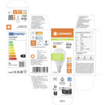Verpackung für LEDVANCE LED-Leuchtmittel Classic P40, E14-Sockel, 4,9 Watt, 470 Lumen, drei Farbtemperaturen per Lichtschalter wählbar.