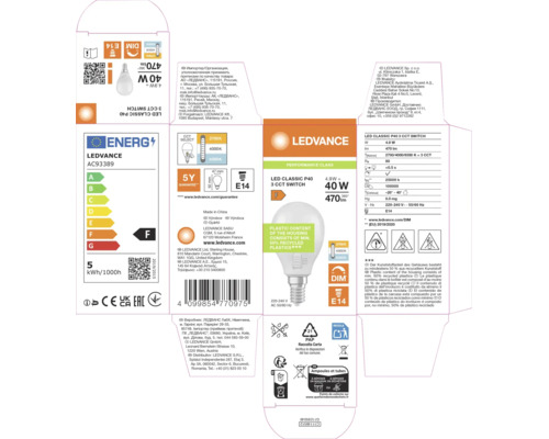 Verpackung für LEDVANCE LED-Leuchtmittel Classic P40, E14-Sockel, 4,9 Watt, 470 Lumen, drei Farbtemperaturen per Lichtschalter wählbar.