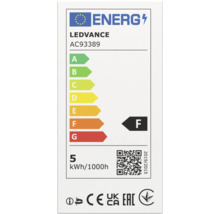 EU-Energielabel für LEDVANCE AC93389, Energieeffizienzklasse F, Energieverbrauch 5 Kilowattstunden pro 1000 Stunden.