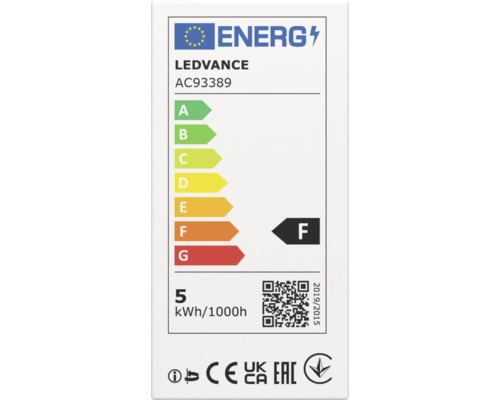 EU-Energielabel für LEDVANCE AC93389, Energieeffizienzklasse F, Energieverbrauch 5 Kilowattstunden pro 1000 Stunden.