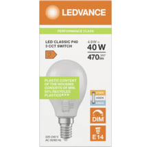 LEDVANCE LED Classic P40, E14-Sockel, 4,9 Watt, 470 Lumen, dimmbar, 3 Farbtemperaturen per Schalter einstellbar, Energieeffizienzklasse F.