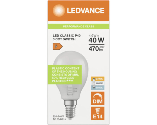 LEDVANCE LED Classic P40, E14-Sockel, 4,9 Watt, 470 Lumen, dimmbar, 3 Farbtemperaturen per Schalter einstellbar, Energieeffizienzklasse F.