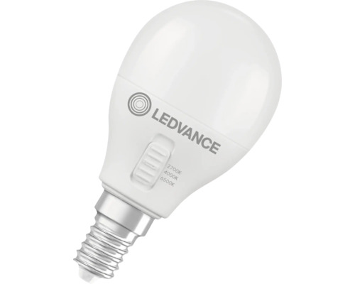 LEDVANCE LED-Leuchtmittel E14 mit Schalter zur Einstellung der Farbtemperatur zwischen 2700 Kelvin, 4000 Kelvin und 6500 Kelvin.