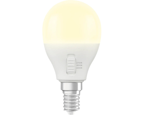 LED-Leuchtmittel mit E14-Sockel und Schiebeschalter für Farbtemperaturen 2700 Kelvin, 4000 Kelvin und 6500 Kelvin.