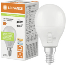 Ledvance LED-Leuchtmittel Classic P40 mit E14 Sockel, 4,9 Watt, 3-stufiger CCT-Schalter für Farbtemperaturwechsel, inklusive Verpackung.