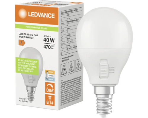 Ledvance LED-Leuchtmittel Classic P40 mit E14 Sockel, 4,9 Watt, 3-stufiger CCT-Schalter für Farbtemperaturwechsel, inklusive Verpackung.