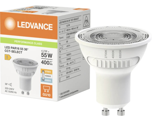 Ledvance LED-Reflektorlampe PAR16 GU10 4,2 Watt 400 Lumen, 36 Grad Abstrahlwinkel, einstellbare Farbtemperatur 2700 bis 6500 Kelvin.