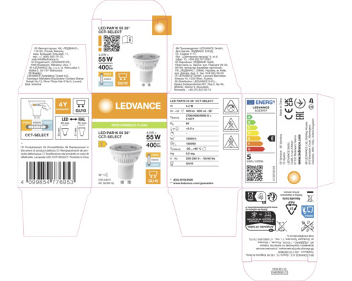 Ledvance LED-Lampe PAR16 55 36 Grad CCT-SELECT, 4,2 Watt entspricht 55 Watt, 400 Lumen, GU10-Sockel, einstellbare Farbtemperatur, Ledvance Logo.