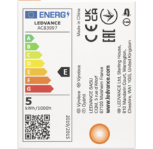 Europäisches Energielabel für Ledvance AC83997, Energieeffizienzklasse E, Energieverbrauch 5 Kilowattstunden pro 1000 Stunden.