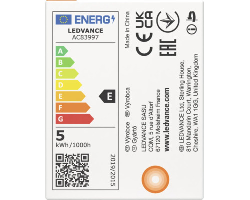 Europäisches Energielabel für Ledvance AC83997, Energieeffizienzklasse E, Energieverbrauch 5 Kilowattstunden pro 1000 Stunden.