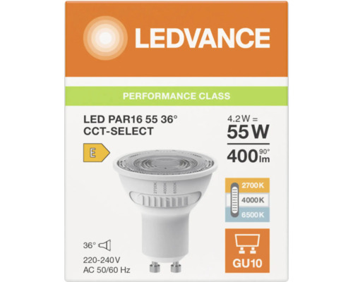 LEDVANCE LED-Reflektor PAR16 GU10, 4,2 Watt entspricht 55 Watt, 400 Lumen, 36 Grad Abstrahlwinkel, CCT-Select, Energieeffizienzklasse E.