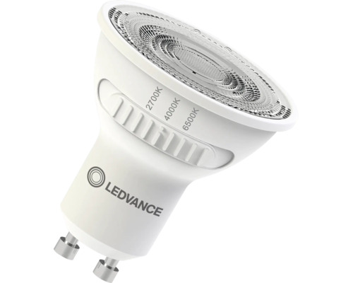 Ledvance LED-Reflektorlampe GU10 mit Schalter für Farbtemperaturen 2700 Kelvin, 4000 Kelvin und 6500 Kelvin.