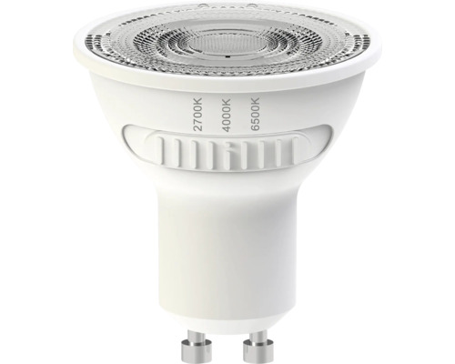 GU10 LED Reflektorlampe mit Schalter für Farbtemperaturen von 2700 Kelvin, 4000 Kelvin und 6500 Kelvin.