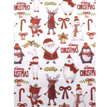 Geschenkpapier mit Weihnachtsmotiven wie Weihnachtsmann, Schneemann, Rentier, Eisbär, Pinguin und dem Schriftzug Merry Christmas.