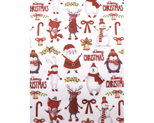 Geschenkpapier mit Weihnachtsmotiven wie Weihnachtsmann, Schneemann, Rentier, Eisbär, Pinguin und dem Schriftzug Merry Christmas.
