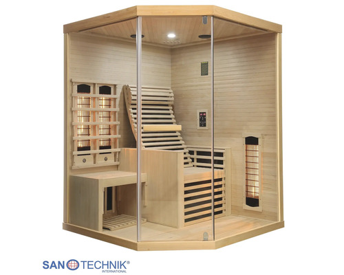 Infrarotkabine aus hellem Holz mit Glastür, ergonomischer Liege, Infrarotstrahlern und digitalem Bedienfeld. San Technic Logo.