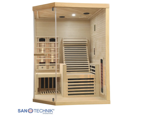 Infrarotkabine aus hellem Holz mit Glasfront, ergonomischer Liege und integrierten Heizelementen.