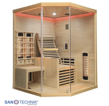 Infrarotkabine aus hellem Holz mit Glasfront, ergonomischer Liegefläche, Sitzbank und roter LED-Beleuchtung.