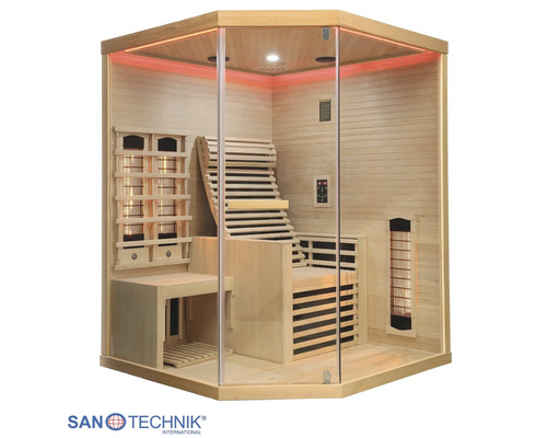 Infrarotkabine aus hellem Holz mit Glasfront, ergonomischer Liegefläche, Sitzbank und roter LED-Beleuchtung.