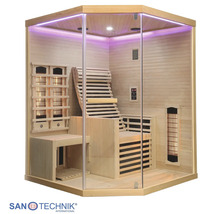Infrarotkabine aus Holz mit ergonomischer Liege, Sitzbank, Glasfront und integrierter Beleuchtung.