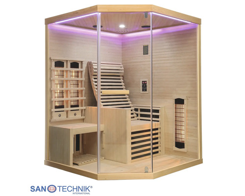 Infrarotkabine aus Holz mit ergonomischer Liege, Sitzbank, Glasfront und integrierter Beleuchtung.