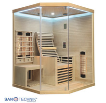 Sanotechnik Infrarotkabine aus hellem Holz mit Glasfront, ergonomischer Liege, Sitzbank, Infrarotstrahlern und LED-Beleuchtung.