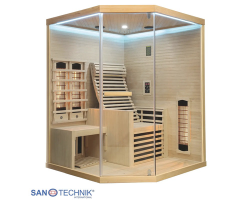 Sanotechnik Infrarotkabine aus hellem Holz mit Glasfront, ergonomischer Liege, Sitzbank, Infrarotstrahlern und LED-Beleuchtung.