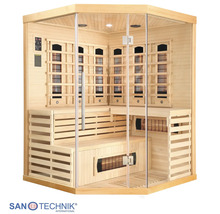 Sanotechnik Infrarotkabine aus hellem Holz mit Glasfront, Eckmodell mit Sitzbänken und Infrarotstrahlern.