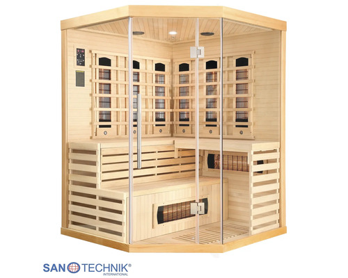 Sanotechnik Infrarotkabine aus hellem Holz mit Glasfront, Eckmodell mit Sitzbänken und Infrarotstrahlern.