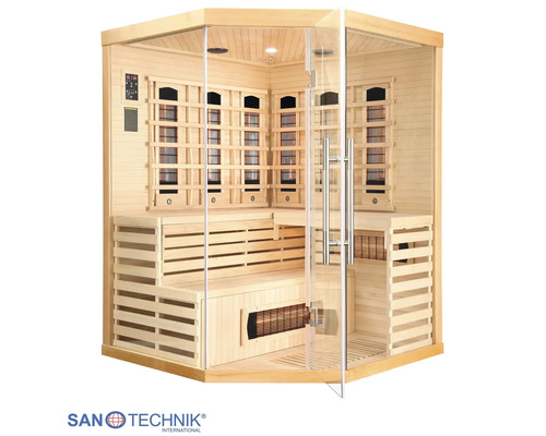 Sanotechnik Infrarotkabine für Eckmontage aus hellem Holz mit Glasfront, Bänken und Strahlern. Sanotechnik International Logo.