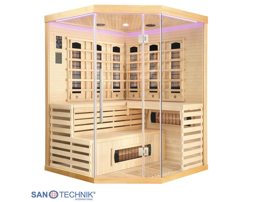Sanotechnik Infrarotkabine Eckmodell aus hellem Holz mit Glasfront, Sitzbänken und Infrarotstrahlern. Sanotechnik Logo.