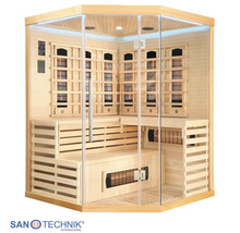 Sanotechnik Infrarotkabine für die Ecke mit Glasfront, Holzsitzbänken und integrierten Strahlern.