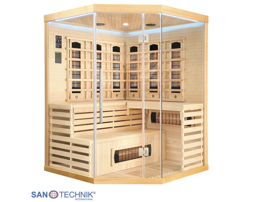 Sanotechnik Infrarotkabine für die Ecke mit Glasfront, Holzsitzbänken und integrierten Strahlern.