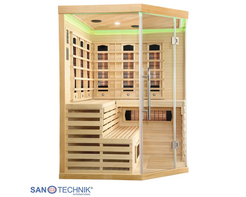 Infrarotkabine aus hellem Holz mit Glasfront, Eckeneinstieg, zwei Sitzebenen und Farblichttherapie. Sanotechnik Logo.