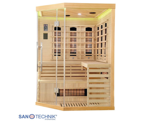 Eck-Infrarotkabine aus hellem Holz mit Glasfront, Sitzbank, Infrarotstrahlern und integriertem Bedienfeld. Sanotechnik Logo.