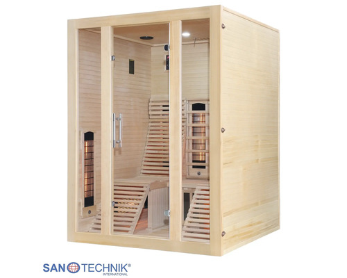 Infrarotkabine aus hellem Holz mit Glasfront, ergonomischen Liegen aus Holz und eingebauten Infrarotstrahlern.