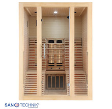 Infrarotkabine aus Hemlock-Holz mit Glasfront, Innenbeleuchtung und ergonomischen Sitzbänken. Sanotechnik Logo.