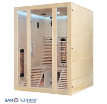 Infrarotkabine aus hellem Holz mit Glasfront, ergonomischen Holzliegen und integrierten Infrarotstrahlern. Sanotechnik Logo.