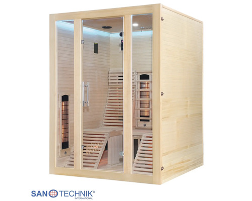 Infrarotkabine aus hellem Holz mit Glasfront, ergonomischen Holzliegen und integrierten Infrarotstrahlern. Sanotechnik Logo.