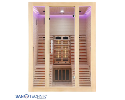 San Technic Infrarotkabine mit Glasfront, ergonomischen Holzbänken und integrierter Beleuchtung.