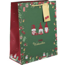 Geschenktüte Frohe Weihnachten mit Wichtel-Motiv, Kordel und Geschenkanhänger.