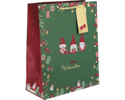 Geschenktüte Frohe Weihnachten mit Wichtel-Motiv, Kordel und Geschenkanhänger.