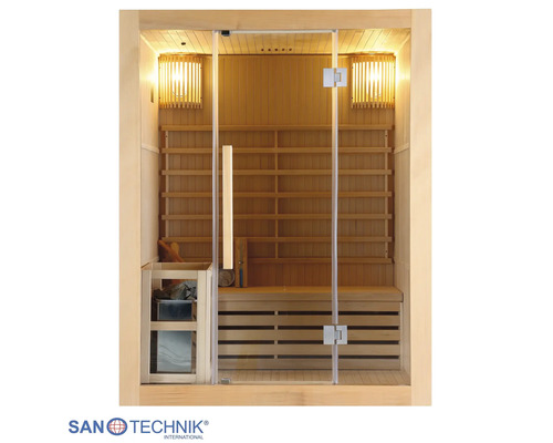Moderne Indoor-Sauna aus hellem Holz mit Glasfront, Saunaofen, Steinen und zwei Wandleuchten. Santechnik International Logo.