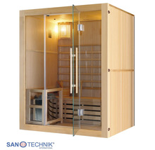 Sanotechnik Sauna aus hellem Holz mit Glastür, Saunaofen, Saunasteinen und Innenbeleuchtung.